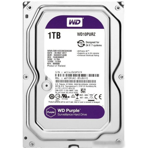 Жесткий диск WD Original SATA-III 1Tb WD10PURZ V eo Purple (5400rpm) 64Mb 3.5
