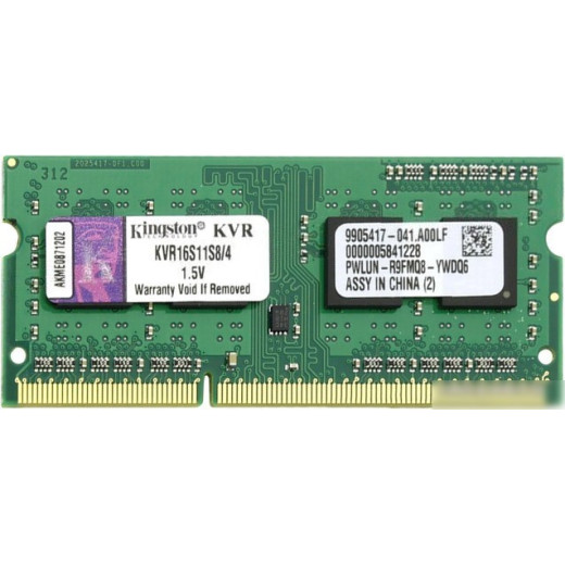 Память DDR3 4Gb 1600MHz Kingston KVR16S11S8/4WP RTL PC3-12800 CL11 SO-DIMM 204-pin 1.5В dual rank